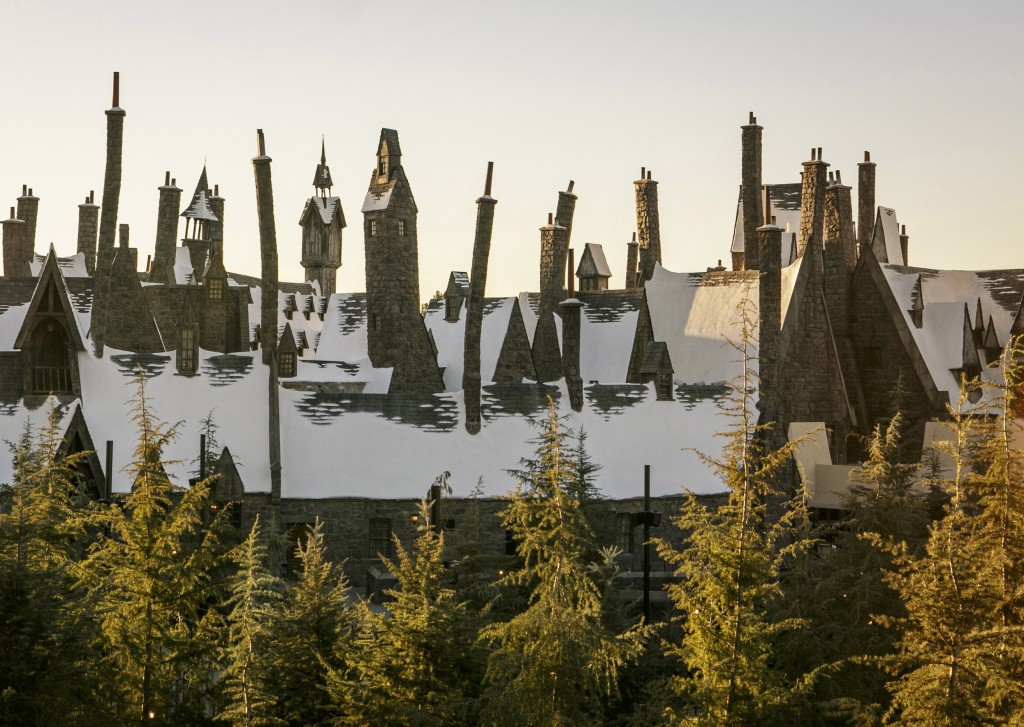 A view of the snow-capped Hogsmeade village